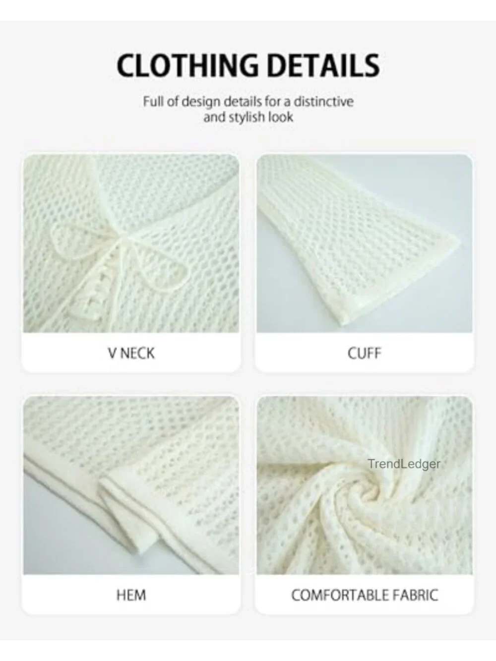 Crochet Coverup Long Sleeve V Neck Knit Beach Bathing Suit Cover Up Mesh Hollow